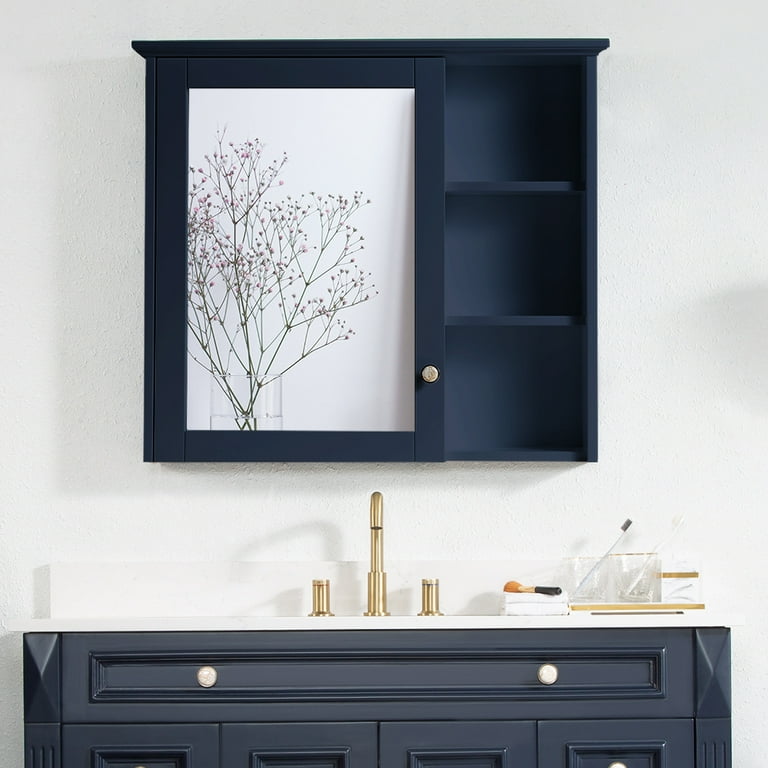 Wood Bathroom Wall Mount Cabinet, Single Door Medicine Storage Organizer  with Height Adjustable Shelves, Navy Blue – Built to Order, Made in USA,  Custom Furniture – Free Delivery