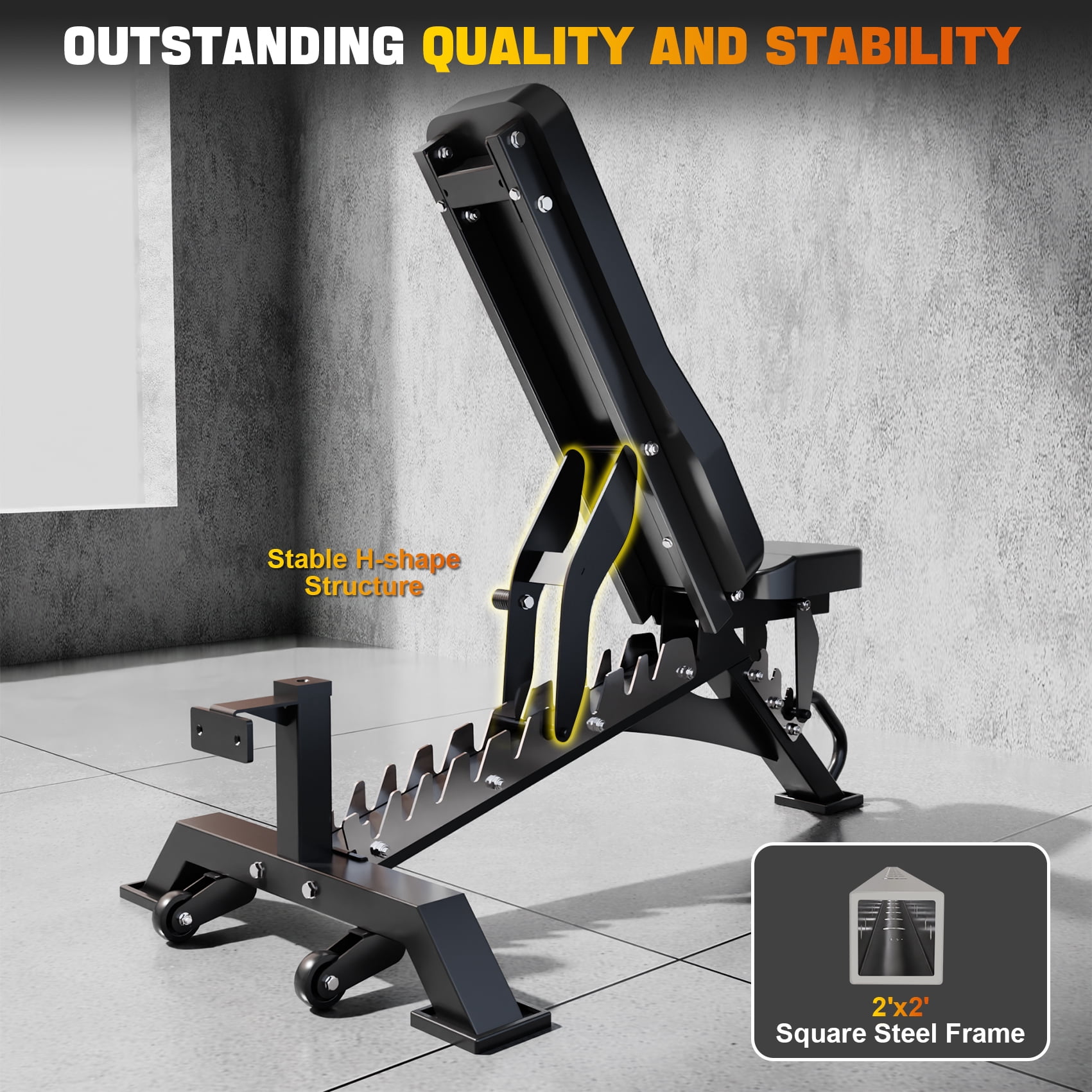 GXMMAT Adjustable Weight Bench, Heavy Duty Workout Bench for Body Strength Training and Garage Gym, Home Gym Exercise Equipment with Wheels, Quick Installation, Can Be Stored Upright