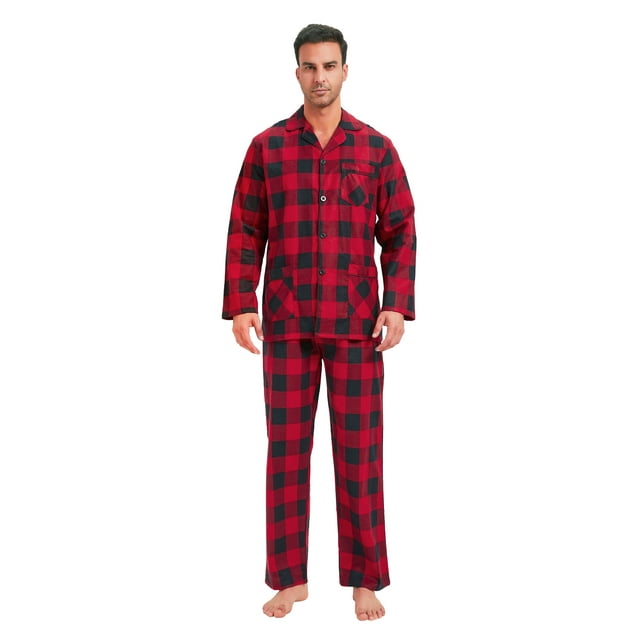 GLOBAL Men's Flannel Pajama Set - 100% Cotton Warm Long Sleeve & Pants, Size S-3XL