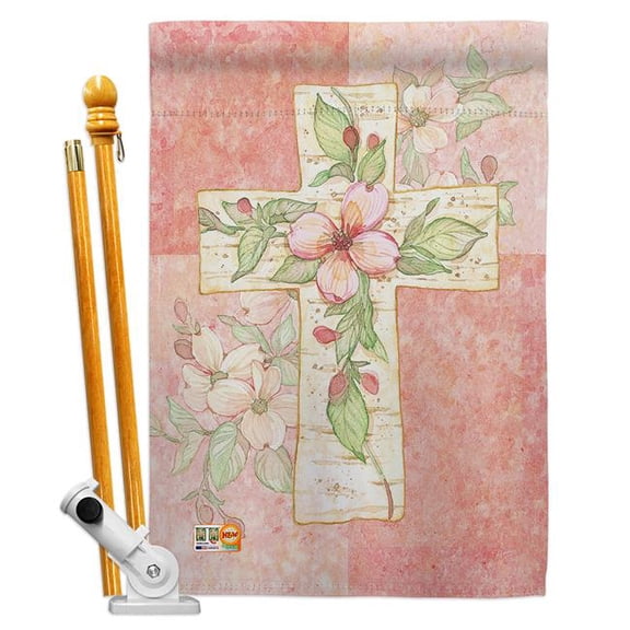 Breeze Decor BD-FR-HS-103044-IP-BO-D-US12-AM 28 x 40 in. Pink Flower Cross Inspirational Faith & Religious Impressions Decorative Vertical Double Sided House Flag Set with Pole Bracket & Hardware