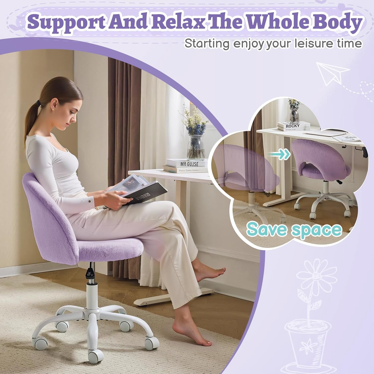 VINGLI Small Vanity Chair with Wheels for Girls.Cute Modern Adjustable Height Armless Office Desk Chair.360°Swivel Comfy Rolling Chair for Study, Make up Room,Small Space,Linen White