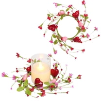 2Pcs Valentines Candle Rings Wreaths Red Heart Green Branch Candle Holder 3 Inch Mini Wreath for Mother's Day Wedding Christmas Festive Table Centerpieces Home Decor