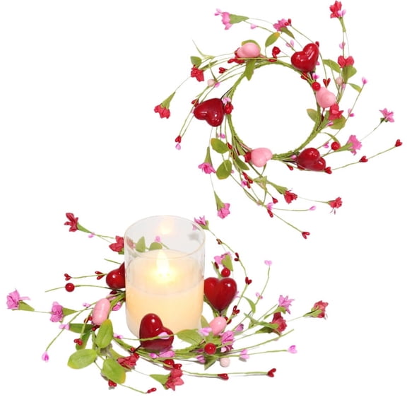 2Pcs Valentines Candle Rings Wreaths Red Heart Green Branch Candle Holder 3 Inch Mini Wreath for Mother's Day Wedding Christmas Festive Table Centerpieces Home Decor