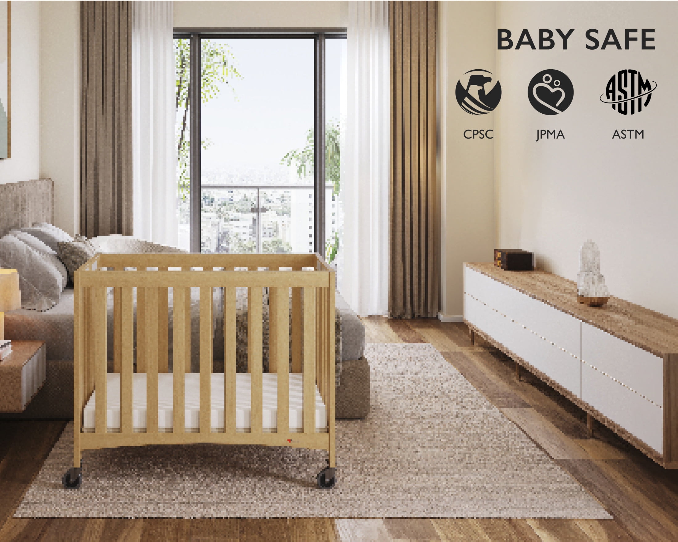 Foundations Travel Sleeper Compact Folding Hotel Crib with 2" Mattress and Locking Wheels, Natural