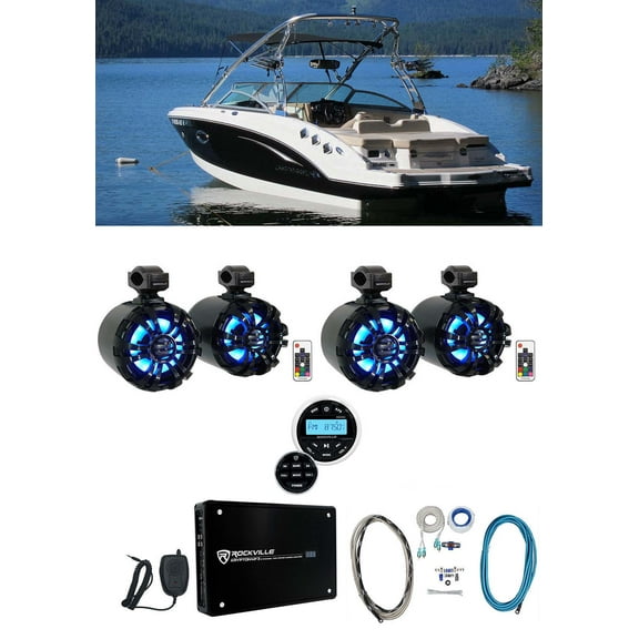 4) Rockville 6.5" LED Swivel Black Marine Wakeboard Speakers Receiver Amp Wires