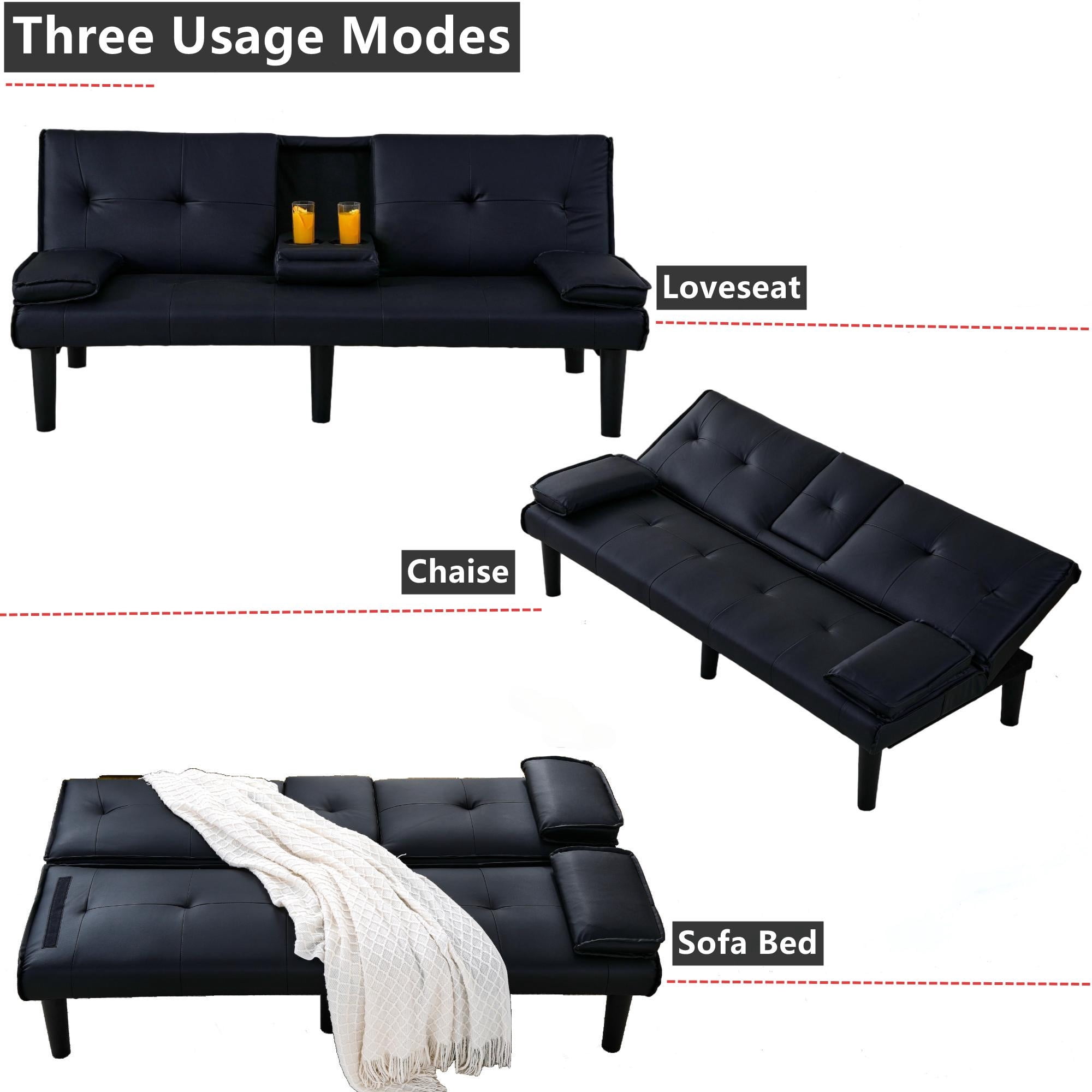 Aukfa Leather Futon Convertible Sofa Bed for Home Office, 2 Cup Holders&Pillows, Black