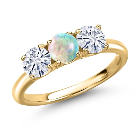 Gem Stone King 18K Yellow Gold Plated Silver Simulated White Opal and White Moissanite Engagement Ring for Women | 1.50 Cttw | Round Cabochon 5MM | Gemstone October Birthstone | Size 8