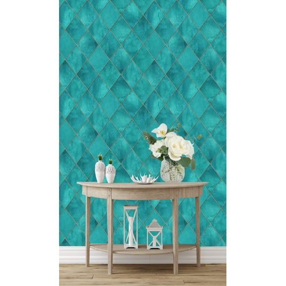 Geometric Teal Turquoise Argyle Wallpaper Peel and Stick 10'L x 24''W
