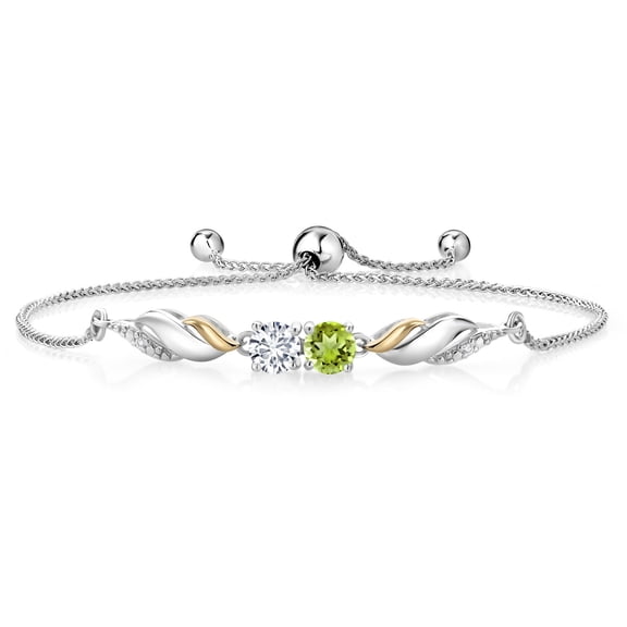 Gem Stone King 1.07 Ct Green Peridot E-F Lab Grown Diamond 925 Silver and 10K Yellow Gold Bracelet for Women