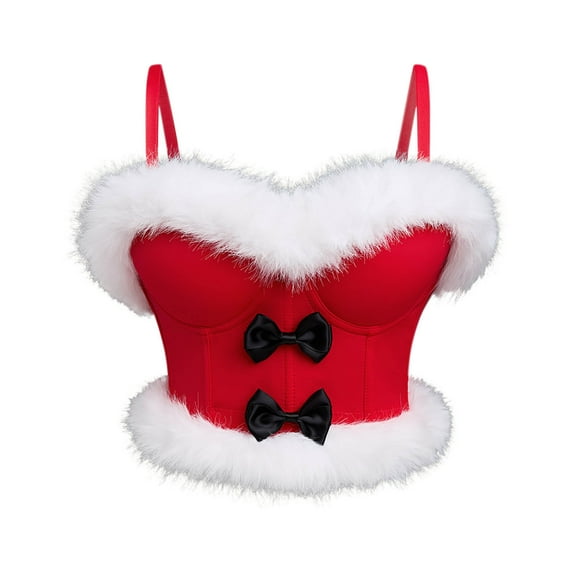 Kaemgyyd Womens Tops Fashion Christmas Outfit Cute Fuzzy Trim Spaghetti Strap Corset for Women Waist Cincher Body Shapewear