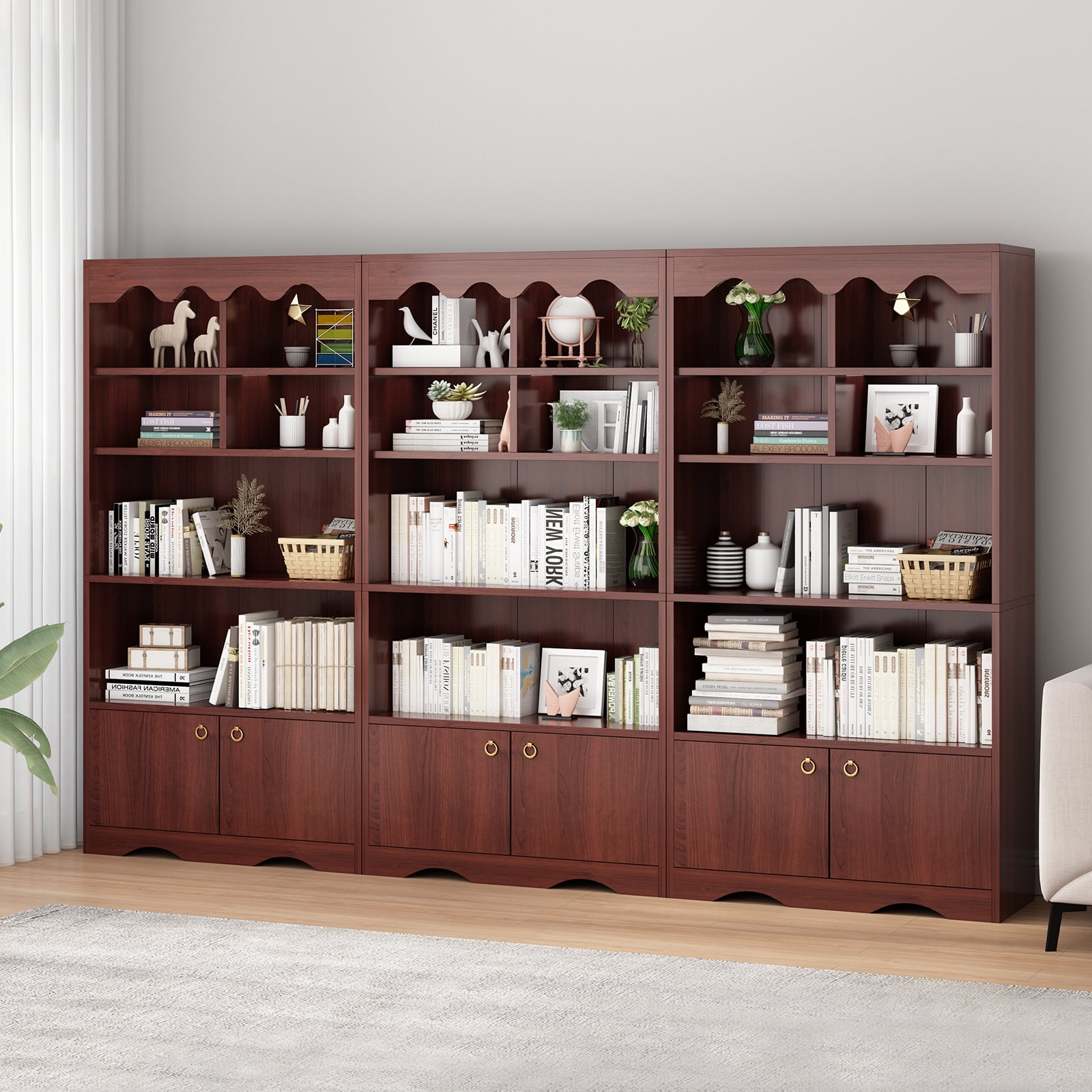 HOBLOC 5 Tier Bookshelf Bookcase with Cabinet Doors, 63 in Tall Wooden Bookshelves, Display Storage Shelves, Floor Standing Book Shelf Furniture for Home Office, Living Room, Bedroom, Brown