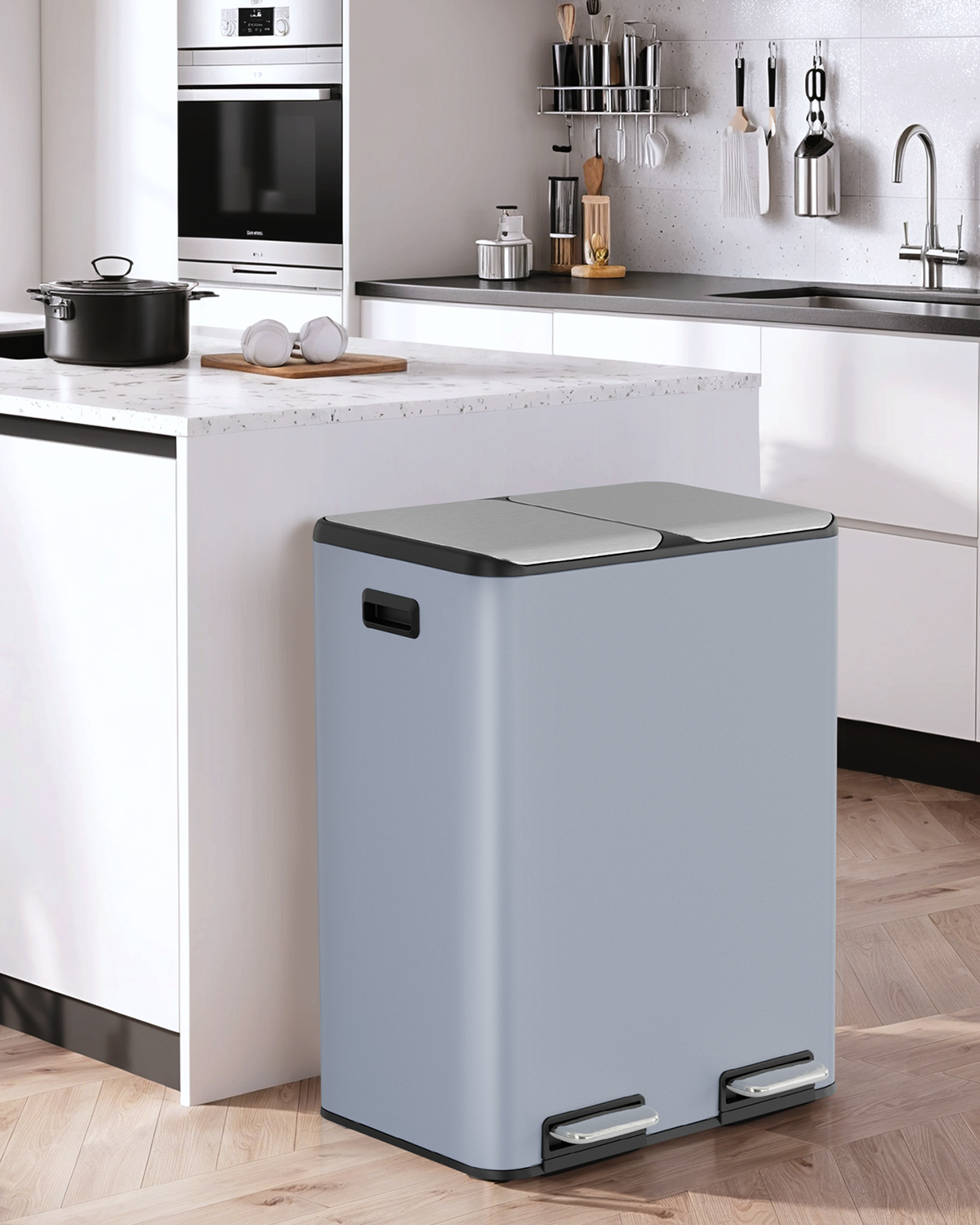 Pirecart 16 Gallon Dual Trash Can Stainless Steel Step Garbage Can Rubbish Bin with Soft-Close Lid, Blue