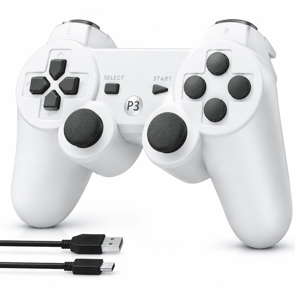 Wireless Controller Compatible with P3/PC,P3 Gamepad Joystick with Double Vibration,Charging Cable for P3/PC,White