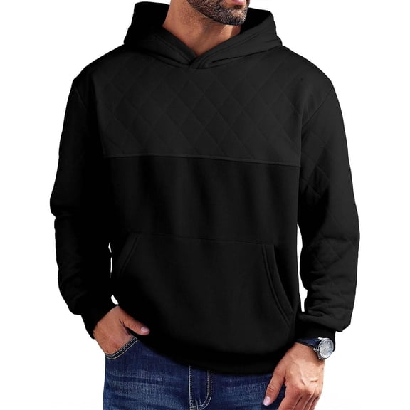 GuangCheng Men's Quilted Panel Hooded Sweatshirts,Pullover,Casual,Daily Wear Warm Soft Coats,Black,L