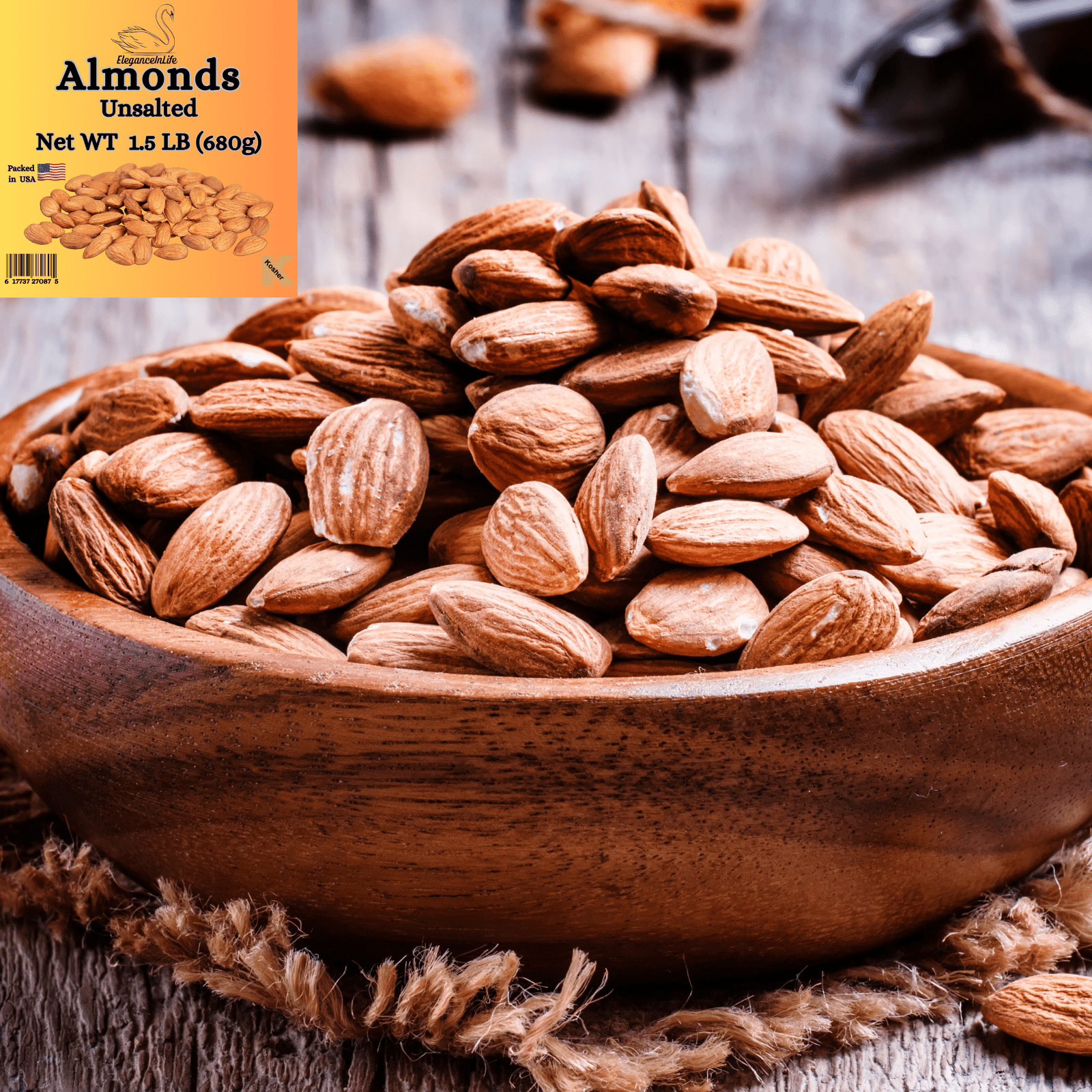 Eleganceinlife Raw Whole Almonds Unsalted 1.5 LB Packed in USA Kosher Halal Pack of 2