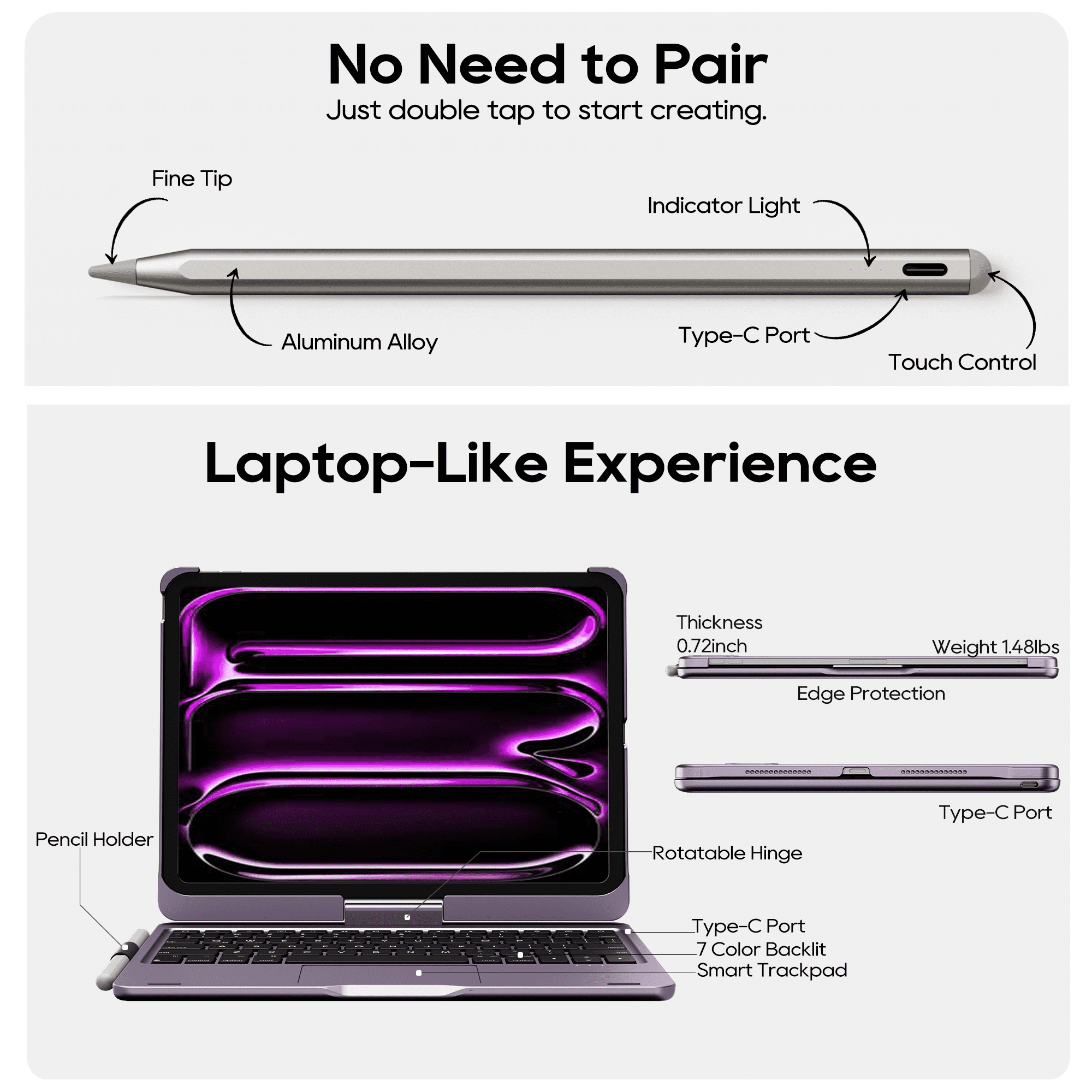 edaiser Stylus Pen + Swivel Keyboard Case Compatible with Apple iPad Pro 11 inch 5th Generation (M4) 2024, A2836 A2837 A3006, Purple