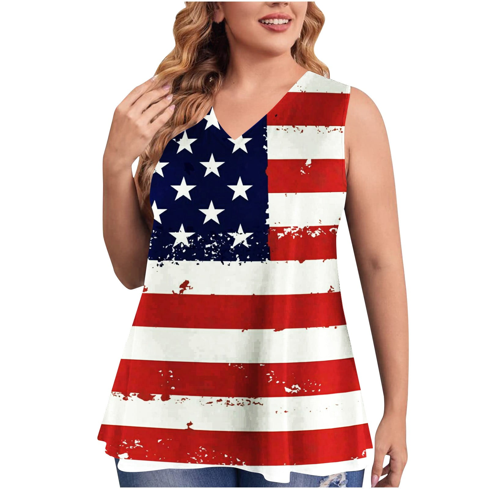 pbnbp Plus Size Tops for Women 4th of July American Flag V Neck ...