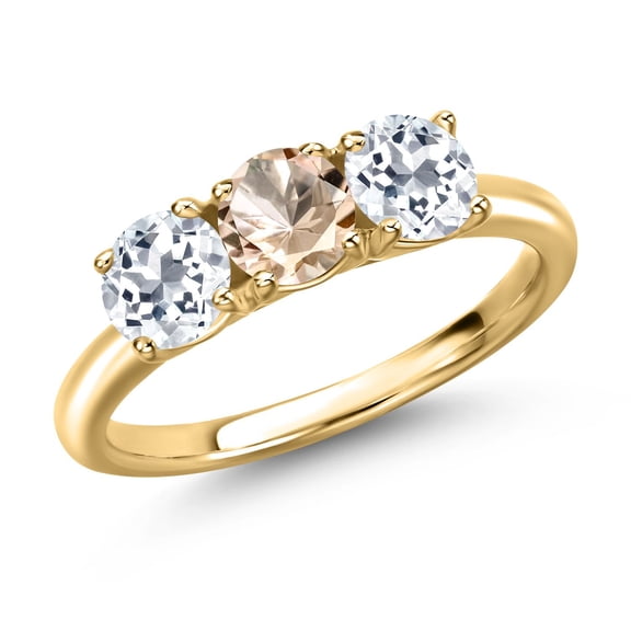 Gem Stone King 18K Yellow Gold Plated Silver Peach Morganite and White Topaz Engagement Ring for Women | 1.60 Cttw | Round 5MM | Gemstone October Birthstone | Size 6