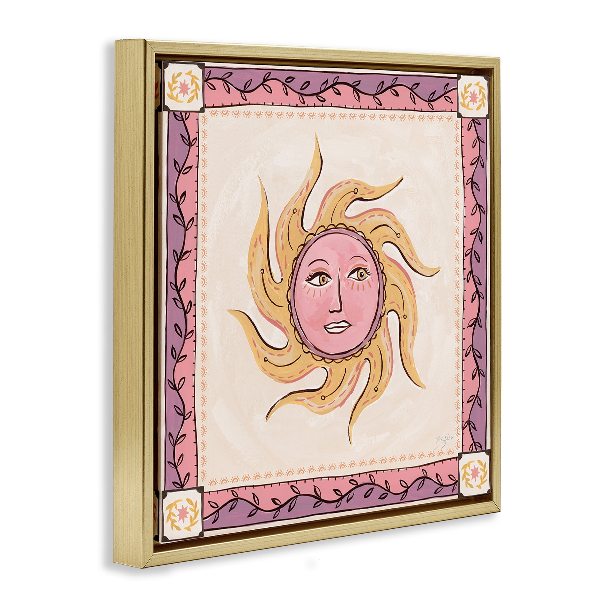 Stupell Industries Pink Sun Face with Leaf Border Gold Framed Floater Canvas Wall Art, design by Two If By Sea Studios