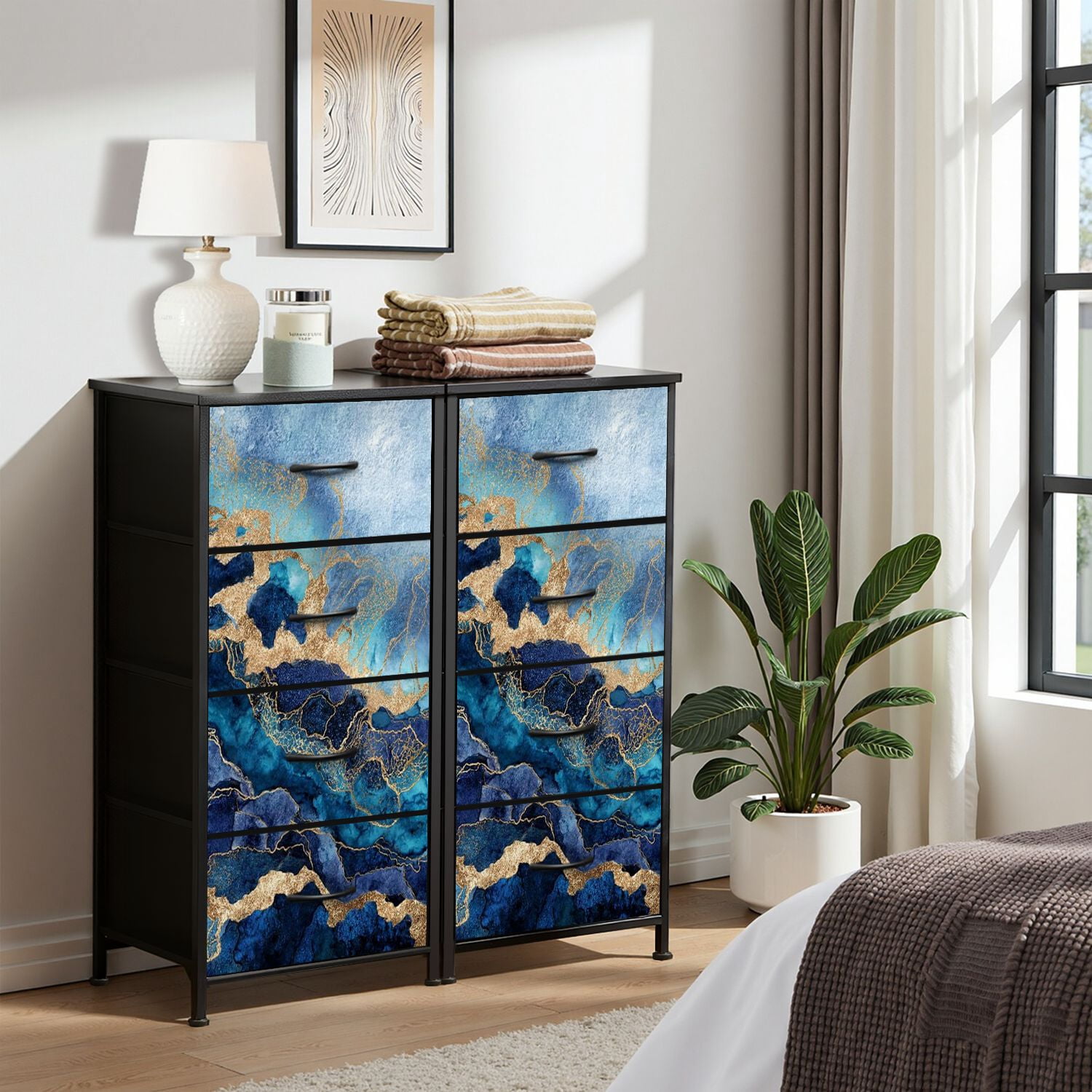 Boho Dresser for Bedroom with 4 Storage Drawers abstract blue marble fake stone texture liquid paint gold foil glitter Dressers Chest of Drawers Steel Framed Fabric Closet Organizers for Entryway
