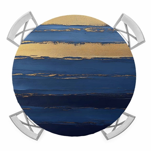 Blue Gold Wave Round Tablecloth for 45-54 Inch Tables, Fitted Table Cover with Elastic Edge, Summer Coastal Ocean Stripe Waterproof Outdoor Table Cloth Protector for Patio Garden Dinner Picnic