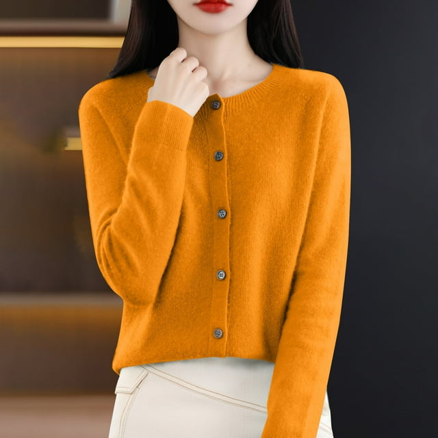 Baberdicy Haut en Tricot Uni pour Femme, Cardigan à Col Rond Ouvert à l'Avant, Cardigan Uni à Col Rond, Chandail en Tricot Décontracté, Haut de Tous les Jours Orange P