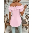 thumbnail image 5 of ZOELNIC Women's Sexy Ruffle Trim Off Shoulder Short Sleeve Button Down Blouse Shirts Summer Loose Tunic Tops, M, 5 of 6