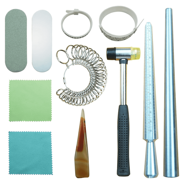 Ring Size Tools Ring Making Kit with Ring Mandrel Round Model Metal Rod Rubber Jeweler'S Hammer and Polishing Tools