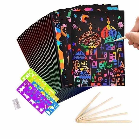 Triani 50 Sheets Scratch Sketch Art Papers Art Rainbow With Stylus DIY Painting For Adults and Kid