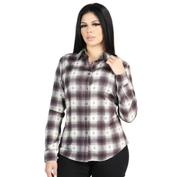 Women's Beige/Burgundy Print Long Sleeve Western Shirt 'El Señor de los Cielos' 44730