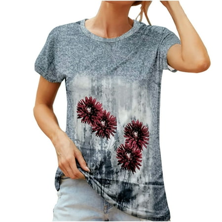 

Plus Size Tops for Women Crop Tops Women s Tops Trendy Color Block Print Short Sleeves Crew Neck Casual Loose Fit Blouse T Shirts for Women on Clearance Valentines Day Shirts Women Gray S