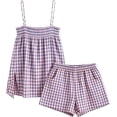thumbnail image 5 of Women's Gingham 2 Piece Pajama Set Flowy Peplum Babydoll Cami Top Wide Leg Shorts Summer Loungewear Outfit (Pink,L), 5 of 6