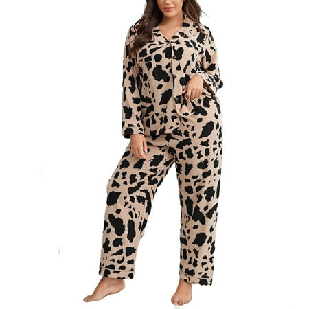 

Khaki Casual All Over Print Lapel Neck Pant Sets Long Sleeve Plus Size Pajama Sets (Women s Plus)