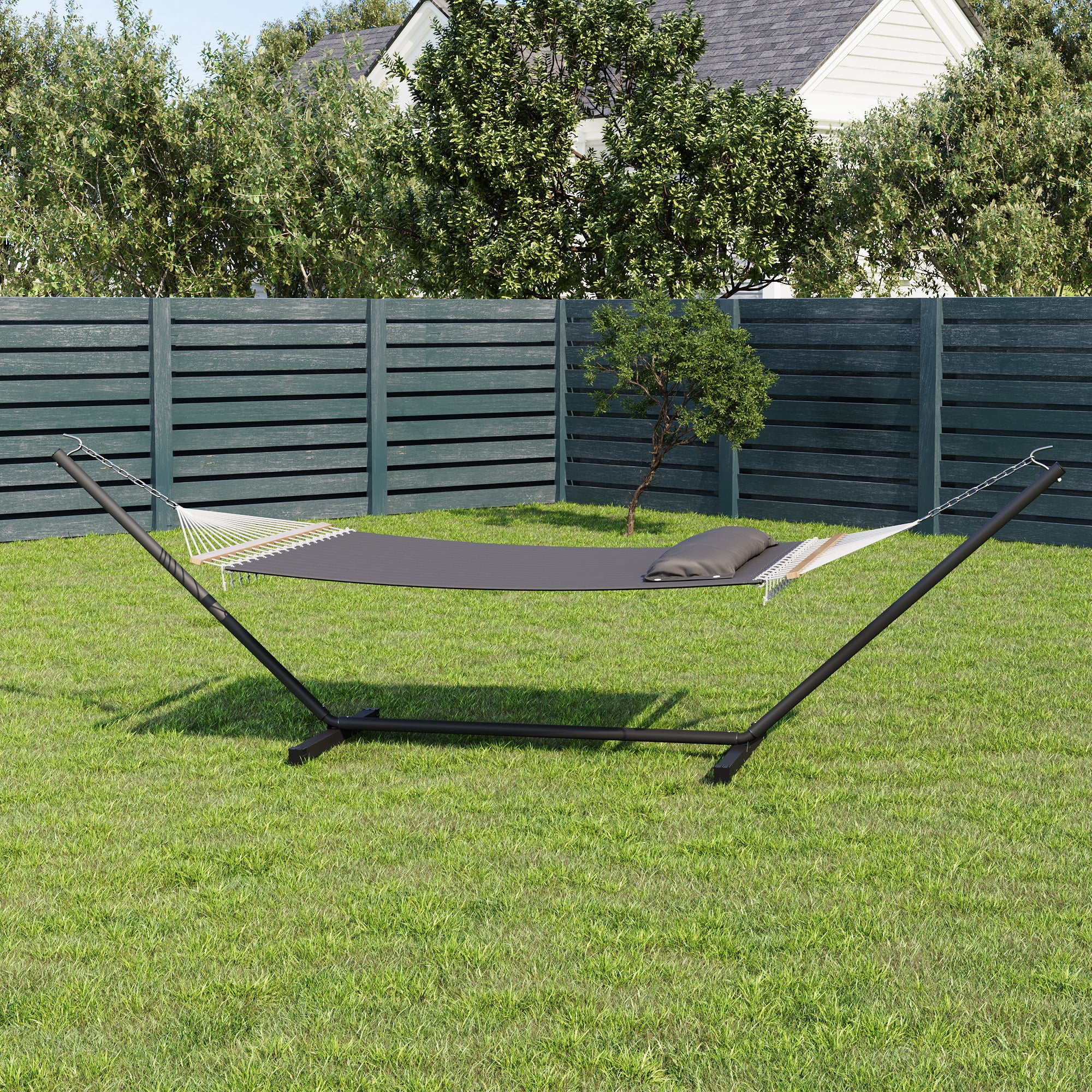IdealHouse 57" Double Hammock with Heavy Duty Stand – 2 Person Hammock, Widening Cotton Fabric Design, 450 LB Capacity for Indoor & Outdoor Use (Dark Grey)