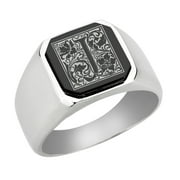 Stainless Steel Men Male Signet Ring Floral Alphabet Initial Anniversary Black Top J SZ 8.5