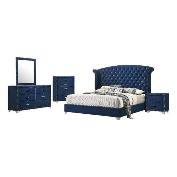 Giya 5pc King Bedroom Set- Classic Tufted Dark Blue Velvet Upholstery