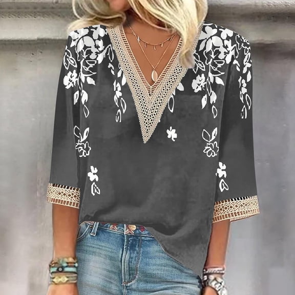 Vivianyo HD Classic Women's 3/4 Sleeve Shirt Women's Printed Pullover V-neck Lace T-shirt With 4/3 Sleeves And 3/4 Sleeves Top