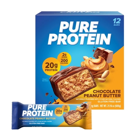 Pure Protein Bars, High HHA1 Protein, Nutritious Snacks to Support Energy, Low Sugar, Gluten Free, Chocolate Peanut Butter, 1.76oz, 12 Count (Packaging May Vary)