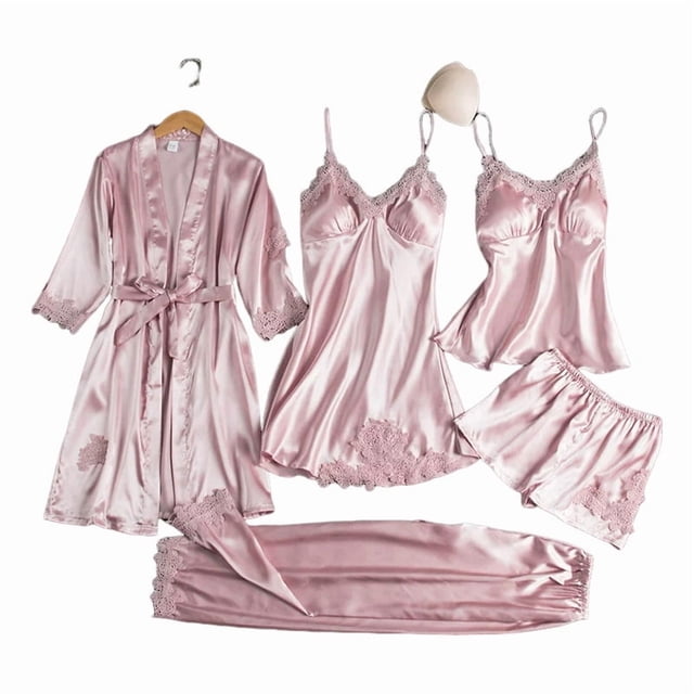 Conjunto de pijama satinado para mujer, 5 piezas, con paneles de encaje, noche de boda