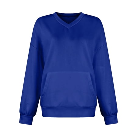 VISALY Pullover Sweatshirt for Womens Plus Size Sweatshirts V-Neck Pullover with Pocket Fall Winter Loose Fit Tops Long Sleeve Shirts Oversized Lightweight Sweatshirt Basic Tops Blue Xl
