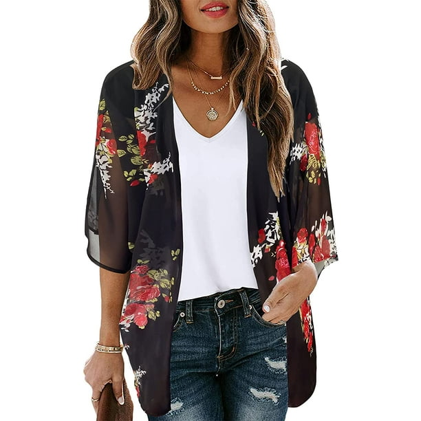 Women s Floral Print Puff Sleeve Kimono Cardigan Loose Cover Up Casual ...