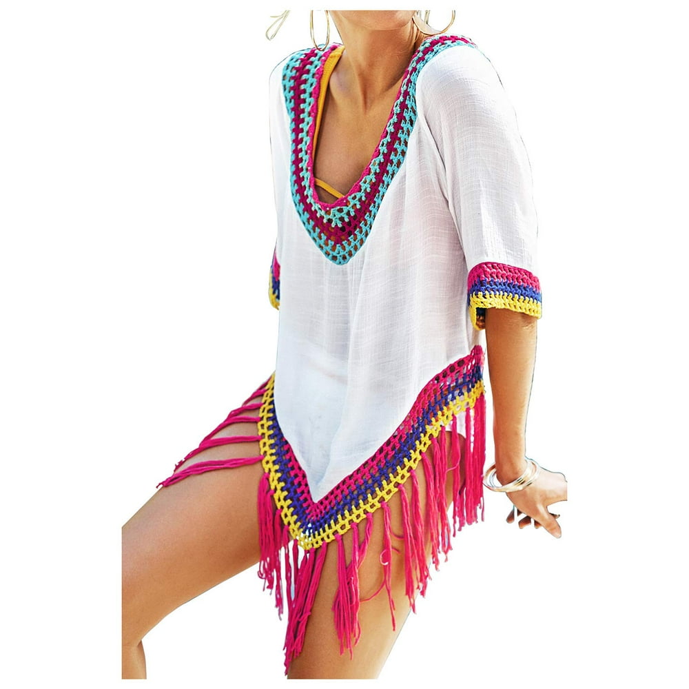 Cupshe Women's White Cover Up with Rainbow Crochet Trim, One Size