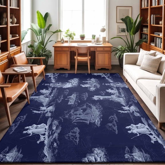 Large Area Rugs 6'x9', Nautical Ship Carpet Runner Indoor Outdoor Rugs Home Decor Aesthetic, Blue Vintage Coastal Ocean Lighthouse Map Non Slip Mats Washable Accent Rug for Living Room Bedroom