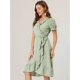thumbnail image 4 of Unique Bargains Robe Midi à Manches Courtes à Volants Col en V avec Nœud Floral Vert TP, 4 of 6