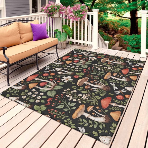 Thanksgiving Mushrooms Outdoor Rug for Patio/Deck/Porch, Non-Slip Large Area Rug 3 x 5 Ft, Country Leaves Botanical Black Indoor Outdoor Rugs Washable Area Rugs, Reversible Camping Rug Carpet Runner