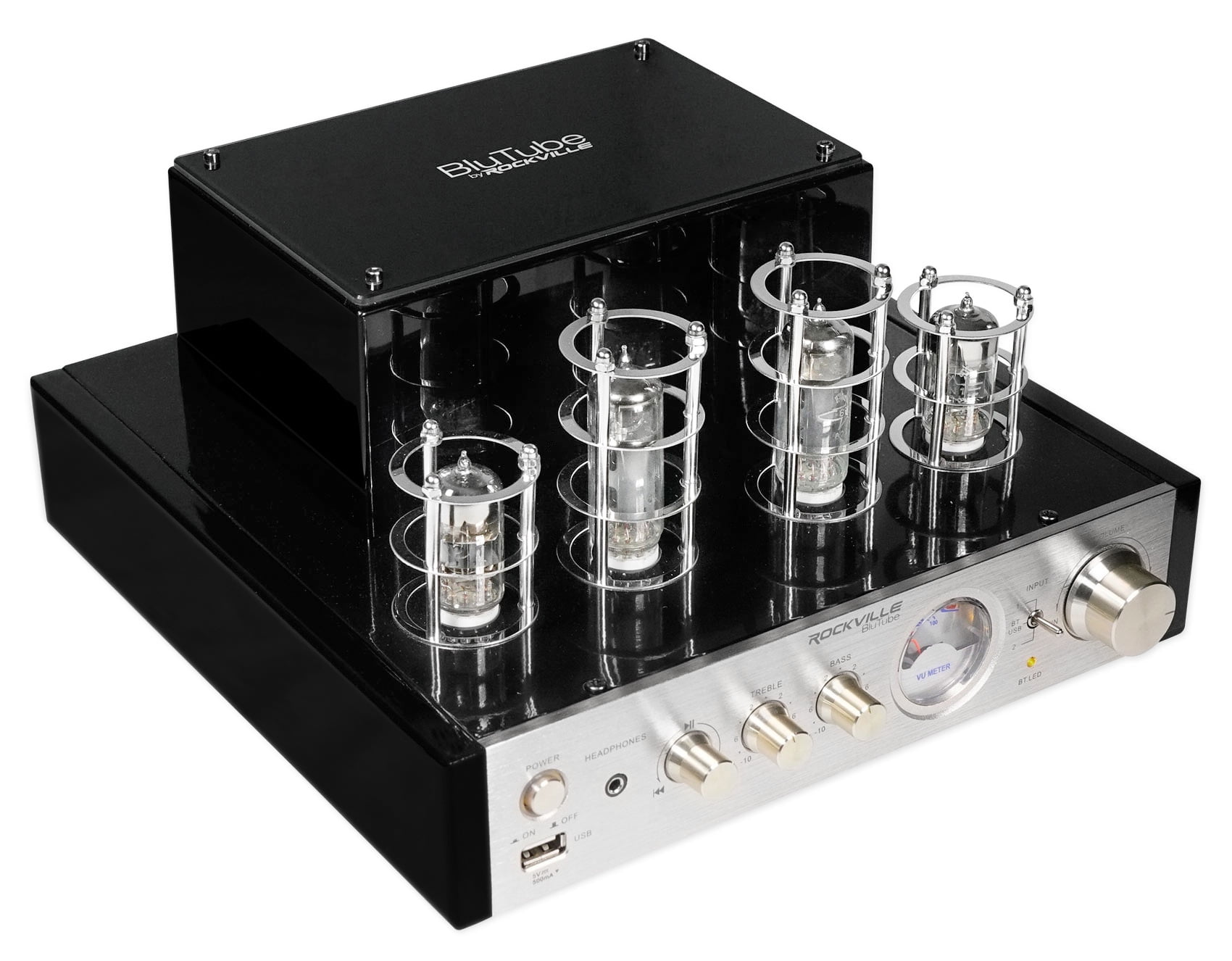 Rockville BluTube Bluetooth Tube Amplifier+Wood Bookshelf Speakers+Stands+Sub