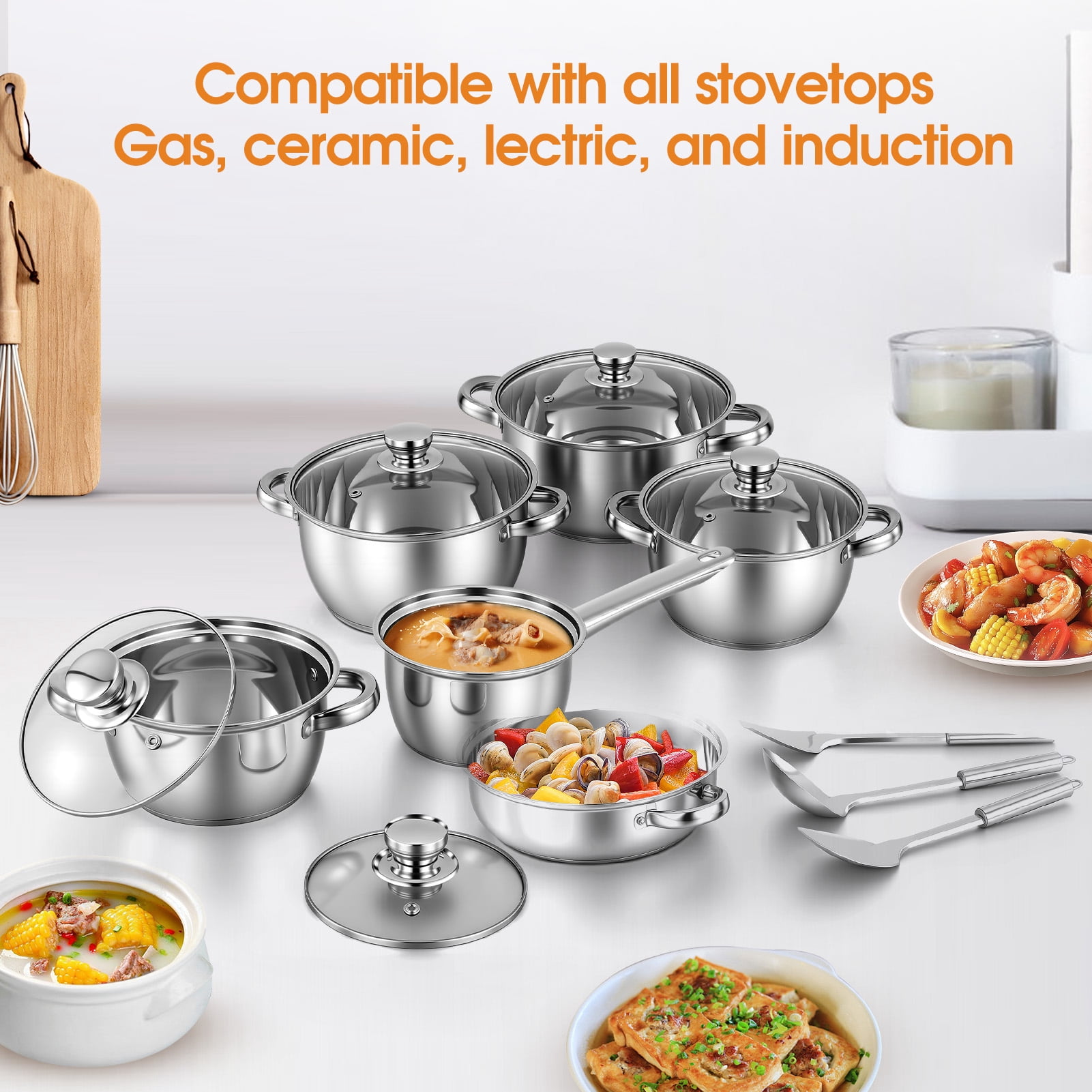 15 PCS Stainless Steel Cookware Set, Pots and Pans Set with Glass Lids, Kitchen Induction Cookware with Utensil Sets For Oven & Dishwasher ,Heavy Premium Kitchen Cooking