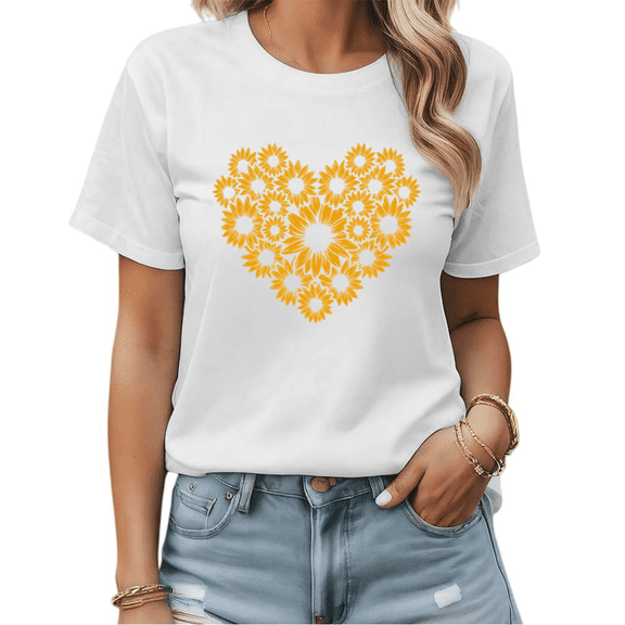 Minimalist Sunflower Heart Graphic Tees Womans T shirt Black/White S-5XL Shirts Casual Daily Tops
