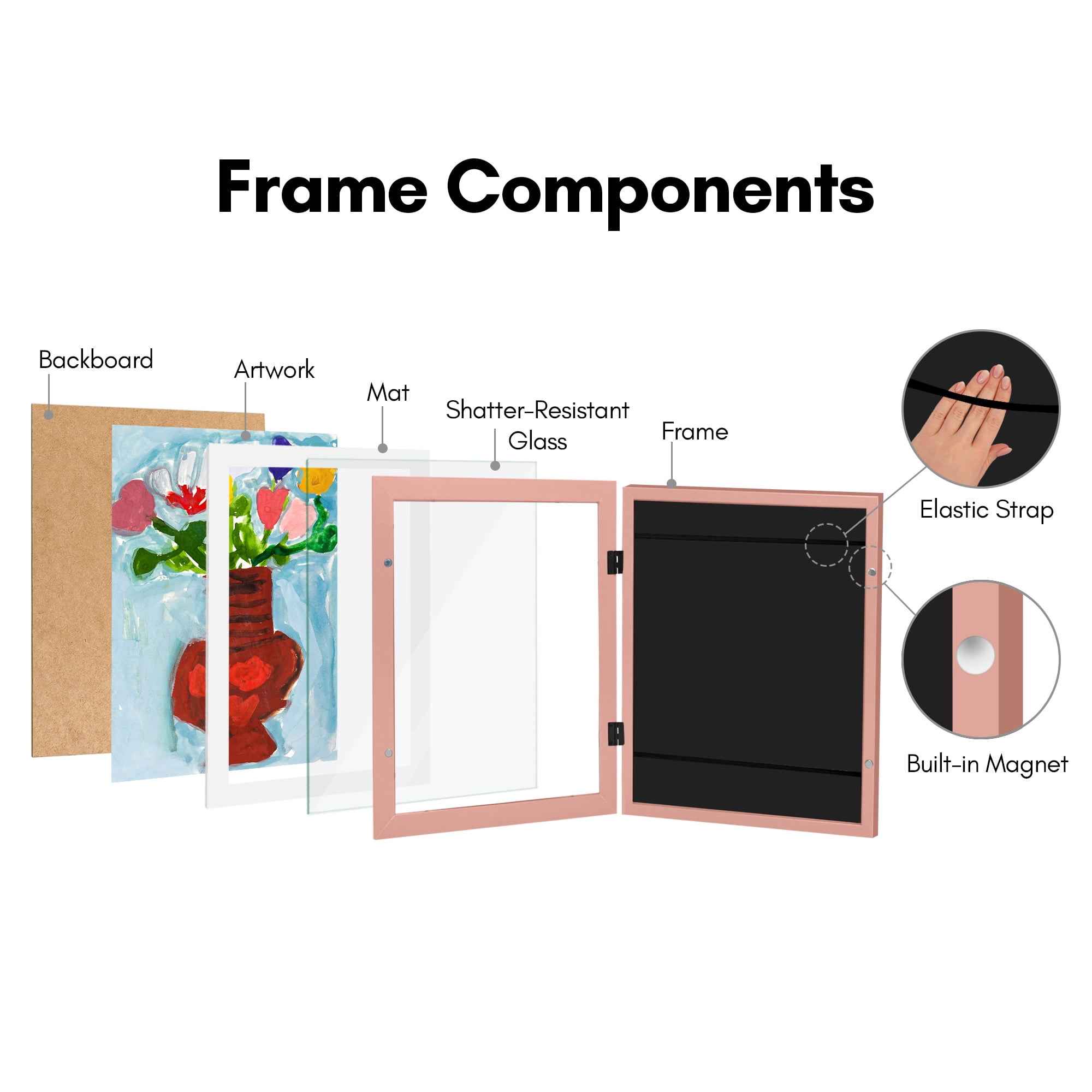 Americanflat 10x12.5 Kids Art Frame with 8.5x11 Mat Holds 100 Art Pieces Peachy Magnetic Letter Size Display - Pink