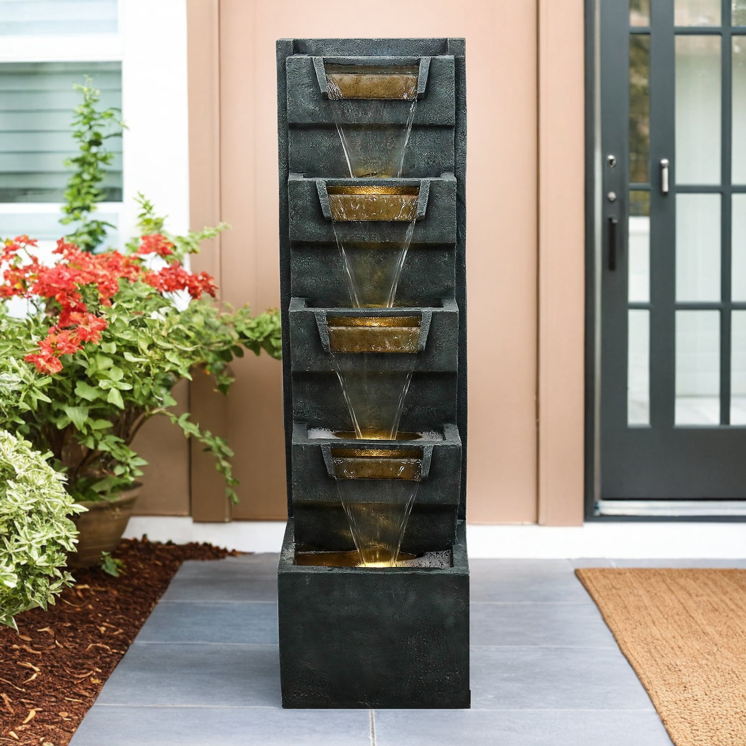 39.3in H Modern Outdoor Water Fountain Indoor Cascading Floor-Standing Fountains with Led Lights Garden Waterfall for Backyard Patio Porch Deck Home Decor